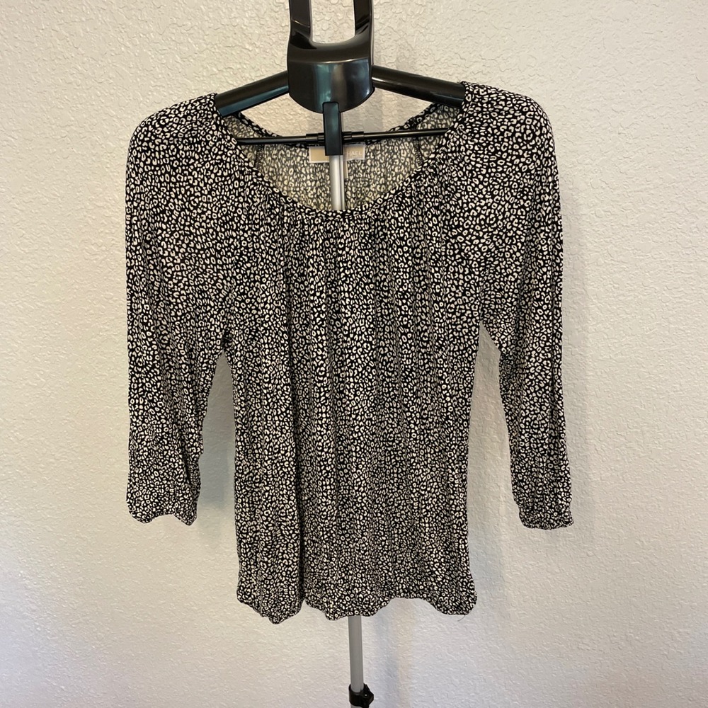 Michael Michael Kors Leopard Print Blouse Black White 3/4 Sleeve Scoop Neck Top